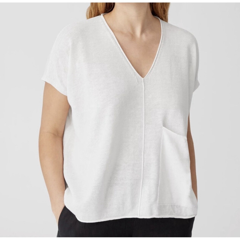 Eileen Fisher Organic Cotton Square Top White Boxy Lagenlook V Neck Quiet Luxury